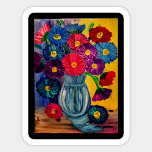 fun and colorful abstract flowers set against a multi-color background Sticker